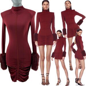 🆕 BRONX & BANCO 🧿 NWOT Eleanor Burgundy Fur Trimmed Mini Dress, Sz XS US 2